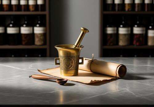 mortero y mano de mortero con Desplazarse y cuchara en histórico boticario ajuste foto