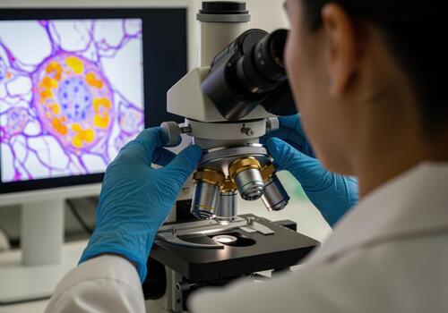 Woman scientist adjusting microscope for cell analysis in laboratory photo