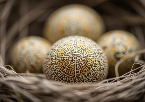 Decorated easter eggs with intricate gold and white patterns in nest photo