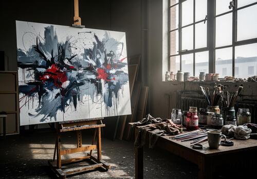 Abstract expressionism canvas on easel in artist studio with paints photo