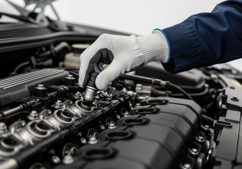 Automotive engineer attaches sensor to fuel injection system photo