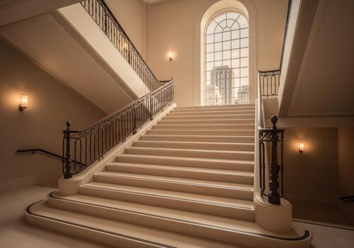 Grand staircase ascends in a prestigious public building with soft light photo