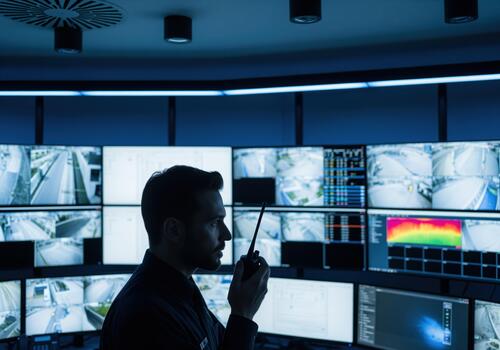 Security chief manages surveillance in a high tech control room photo