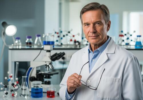 Mature scientist in lab coat poses in laboratory with microscope photo