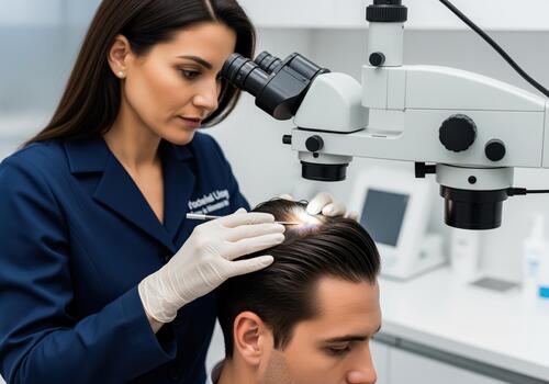 Dermatologist uses microscope to examine man scalp in a clinic photo