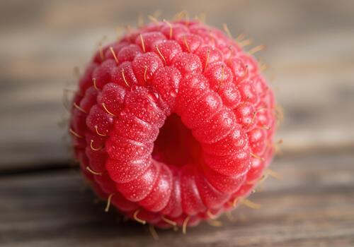 Extreme macro shot of a single highly detailed red raspberry fruit photo
