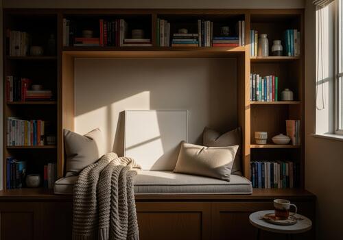 Sunlit reading nook with books and custom shelving in a cozy alcove photo