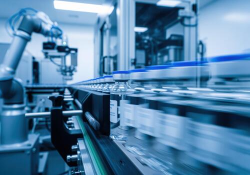 Pharmaceutical vials on conveyor belt with robotic arm in factory photo