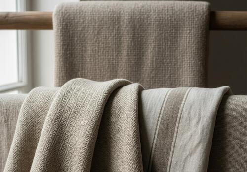 lino telas con espina de pescado y raya patrones en un de madera carril foto