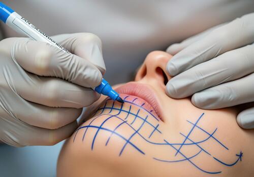 Precision facial mapping with blue marker for dermal filler or anti aging cosmetic procedure photo