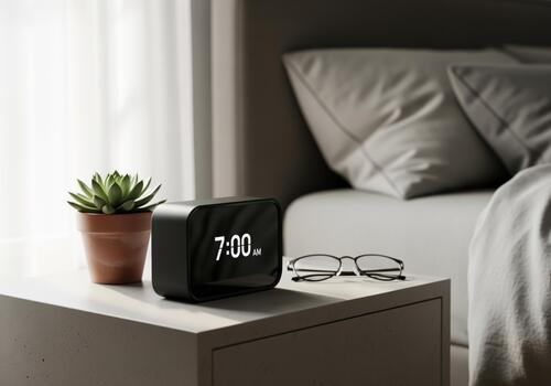 Digital alarm clock displaying 7 AM with succulent and eyeglasses photo