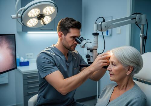 Trichologist examines scalp of older woman with microscope in clinic photo