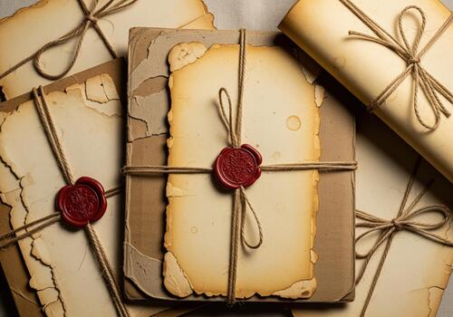 Antique parchments and cardboards tied with twine and sealed with wax photo