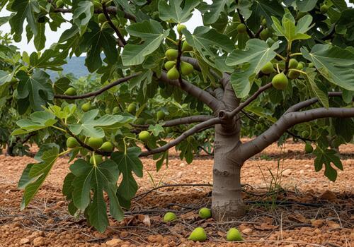 Robust fig tree trunk and branches bearing many unripe green figs in a dry field. photo