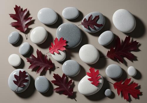 Polished grey and white stones with dark red autumn leaves flat lay pattern photo