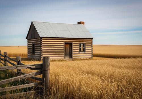 rústico Iniciar sesión cabina con acanalado techo en pie en un vasto dorado trigo campo paisaje. foto