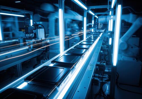 Futuristic automated assembly line with motion blur and bright blue neon light photo