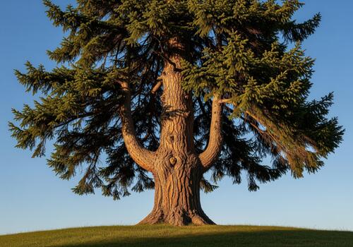 Majestic spruce tree trunk illuminated by golden light on a green hill photo