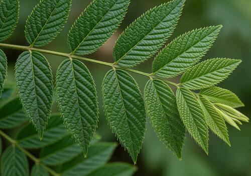 Intricate texture of fresh green compound leaves on a branch in a macro shot photo