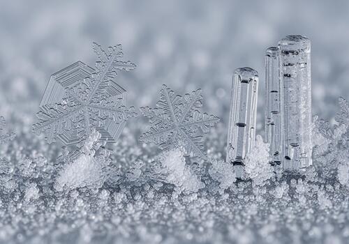 Detailed macro view of intricate ice crystals including hexagonal snowflakes and pillars photo