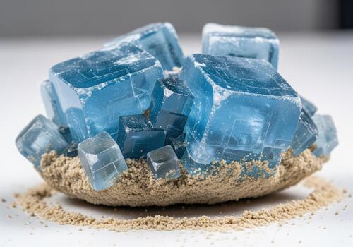 Striking cluster of translucent blue cubic crystals embedded in pale sandy matrix photo