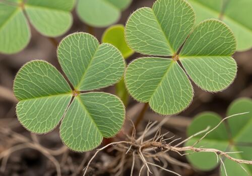 detallado macro Disparo de verde trébol hojas demostración intrincado vena patrones y raíces creciente en suelo. foto