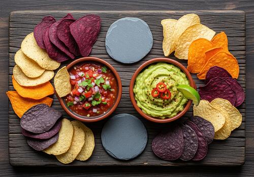 Vibrant assortment of multi colored tortilla chips served with fresh salsa and guacamole dip. photo