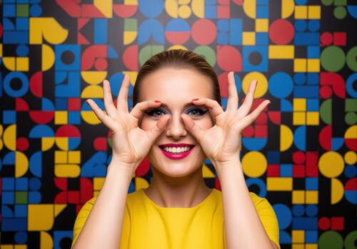 Smiling woman in yellow making hand gesture against vibrant pop art geometric background photo