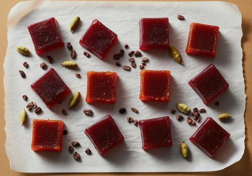 Gourmet square fruit jellies with cardamom pods and cocoa nibs on parchment paper photo