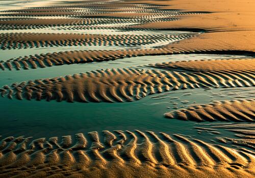 Intricate patterns of sand ripples and tide marks etched into golden beach sand at sunset photo