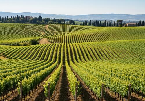 Endless rows of green grapevines stretching across the rolling hills of a tuscan vineyard. photo