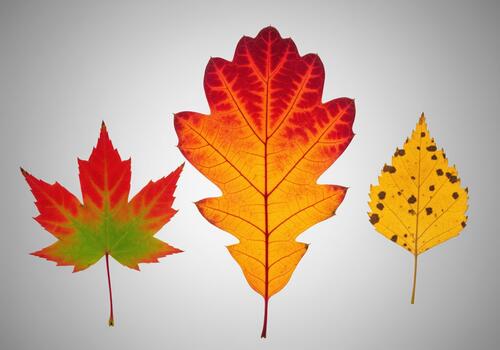 Collection of three vibrant autumn leaves showing seasonal color change and variety photo