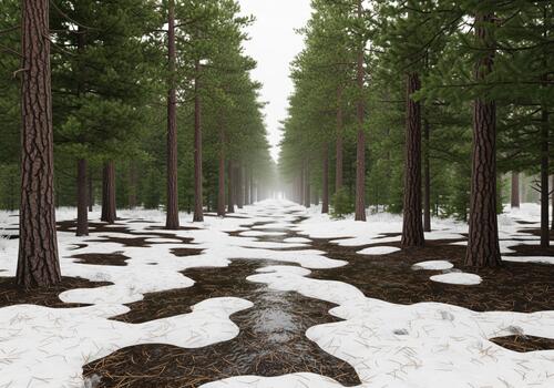 Wide forest trail lined with tall pine trees and melting snow patches in winter. photo