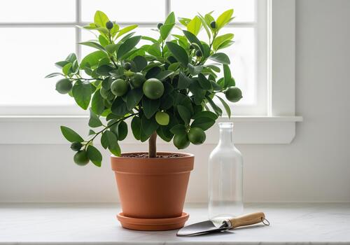 en conserva Lima árbol con verde Fruta en un mármol cocina mostrador por un brillante ventana foto