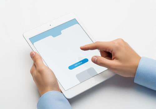 Hand tapping the blue pay now button on a clean white digital tablet screen photo