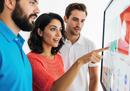 Three diverse colleagues collaborating on a large interactive screen display in a modern office photo