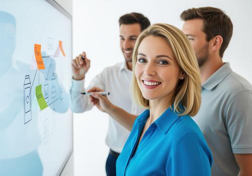 Smiling businesswoman leading a collaborative team meeting while planning strategy on a whiteboard photo