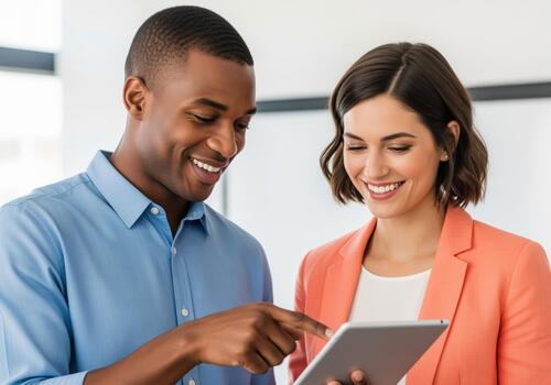 Diverse business team smiling while collaborating and using a tablet computer device. photo