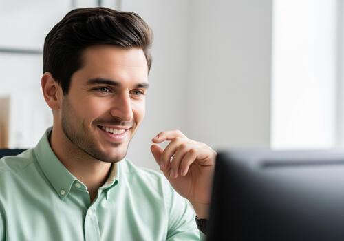 Confident young professional man smiling while working on computer in a modern office photo