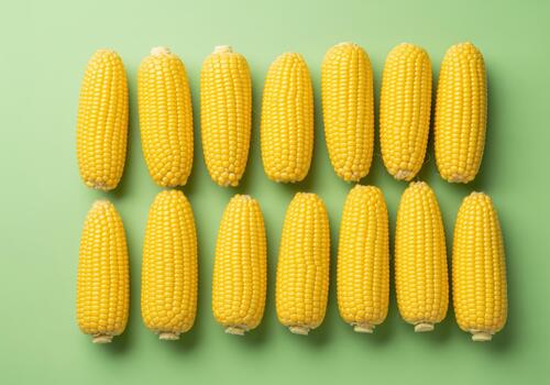 Fresh golden yellow sweet corn on the cob arranged in rows on a bright green surface photo