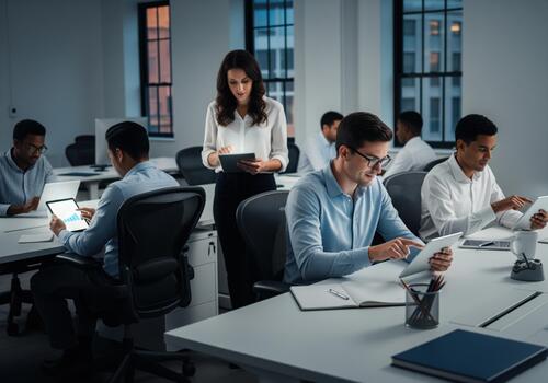 Dedicated professionals collaborating and reviewing data on tablets in a modern evening office. photo