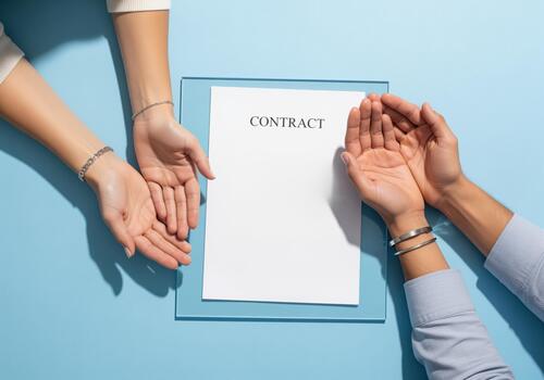 Top view of hands protecting a legal contract document, symbolizing trust and partnership. photo