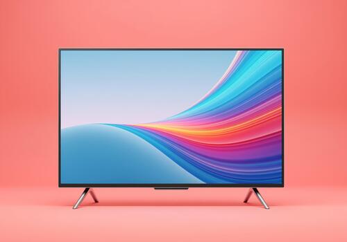 Contemporary flat screen smart television displaying vibrant abstract wave art on a coral backdrop photo