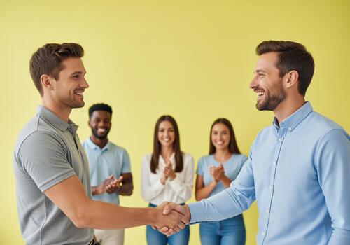 Two happy businessmen shaking hands celebrating success while diverse team applauds. photo