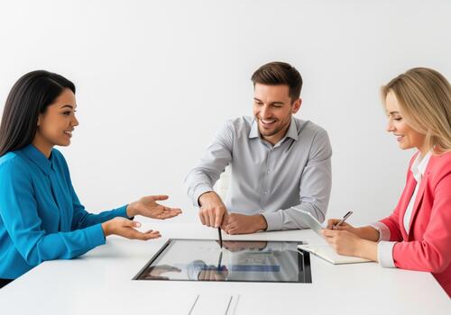 Diverse business team collaborating effectively using a modern interactive table display. photo