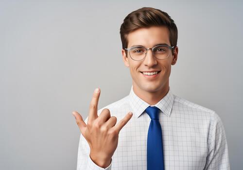 Smiling young businessman in glasses making the rock and roll hand sign on gray background photo