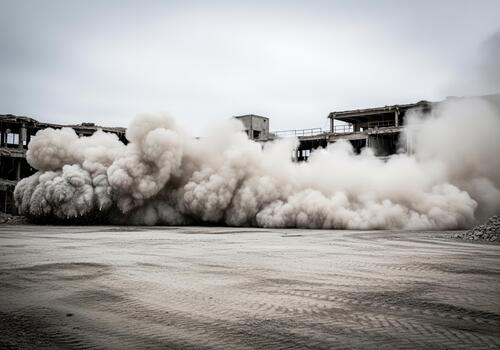Huge dust cloud explosion during the controlled demolition of an abandoned industrial building. photo