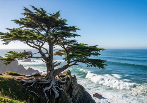 Majestic cypress tree with exposed roots gripping a rugged cliff above crashing ocean waves photo