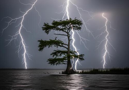 majestuoso ciprés árbol golpeado por múltiple relámpago tornillos durante un grave verano tormenta. foto