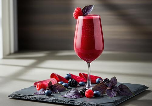Vibrant ruby red beet and berry smoothie in a wine glass styled with fresh ingredients photo
